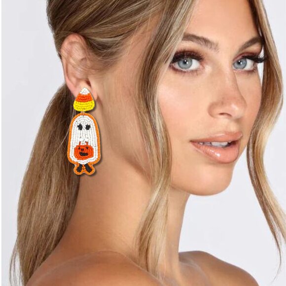 Halloween Candy Corn Trick or Treat Ghost Seed Beaded Earrings - Picture 2 of 2